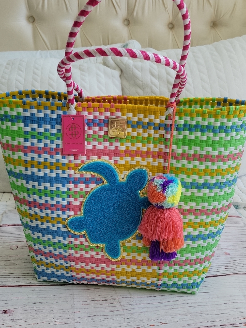 Simply Southern Multicolor Woven Tote with Blue Turtle Patch NWT